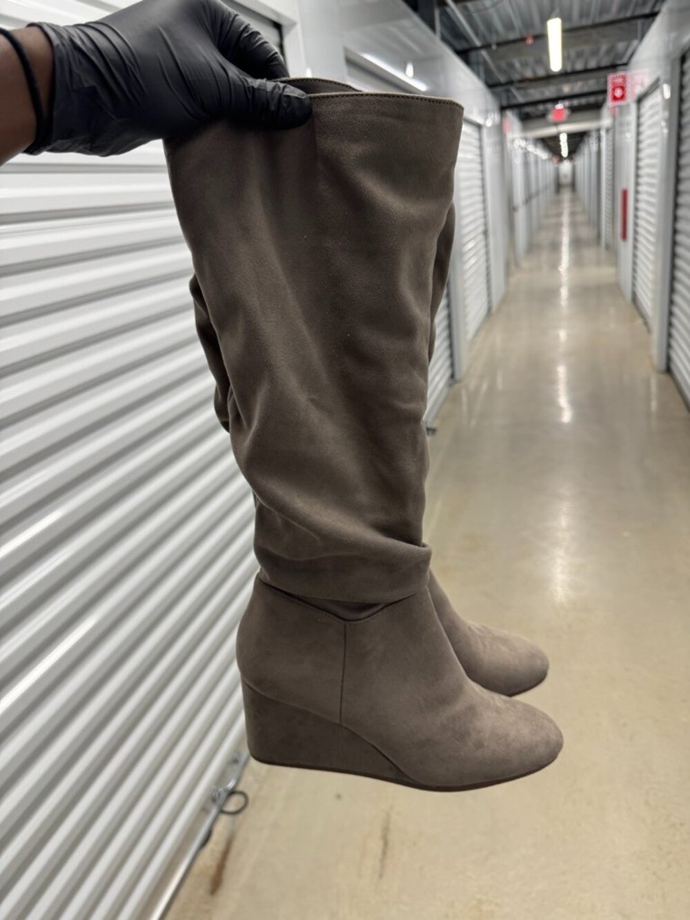 Taupe gray slouchy wedge knee-high boots